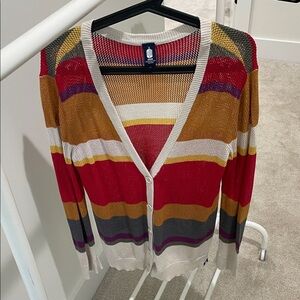 Striped V-Neck Button Cardigan Sweater - Red, Mustard & Gray